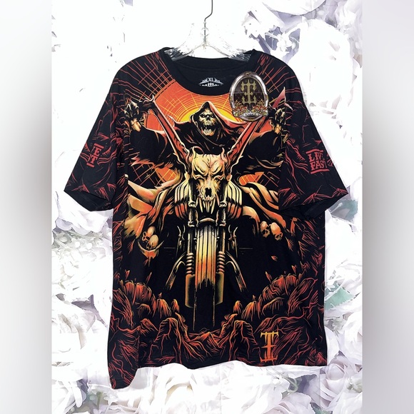 Other - Ghost Rider Grim Reaper T-shirt AOP Biker Y2k Double Sided Sz XL Skull NEW!!